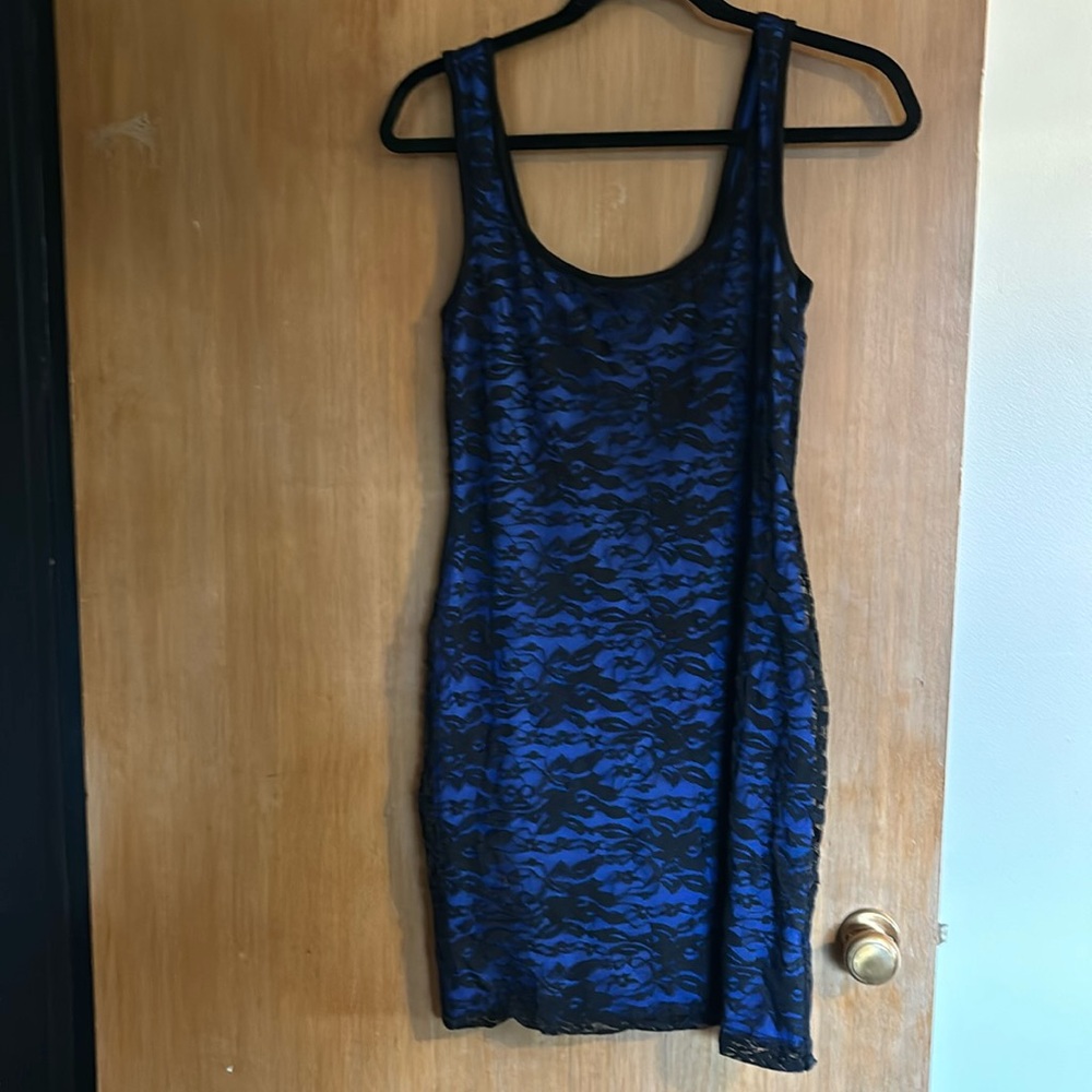 Blue with black lace party dress size large